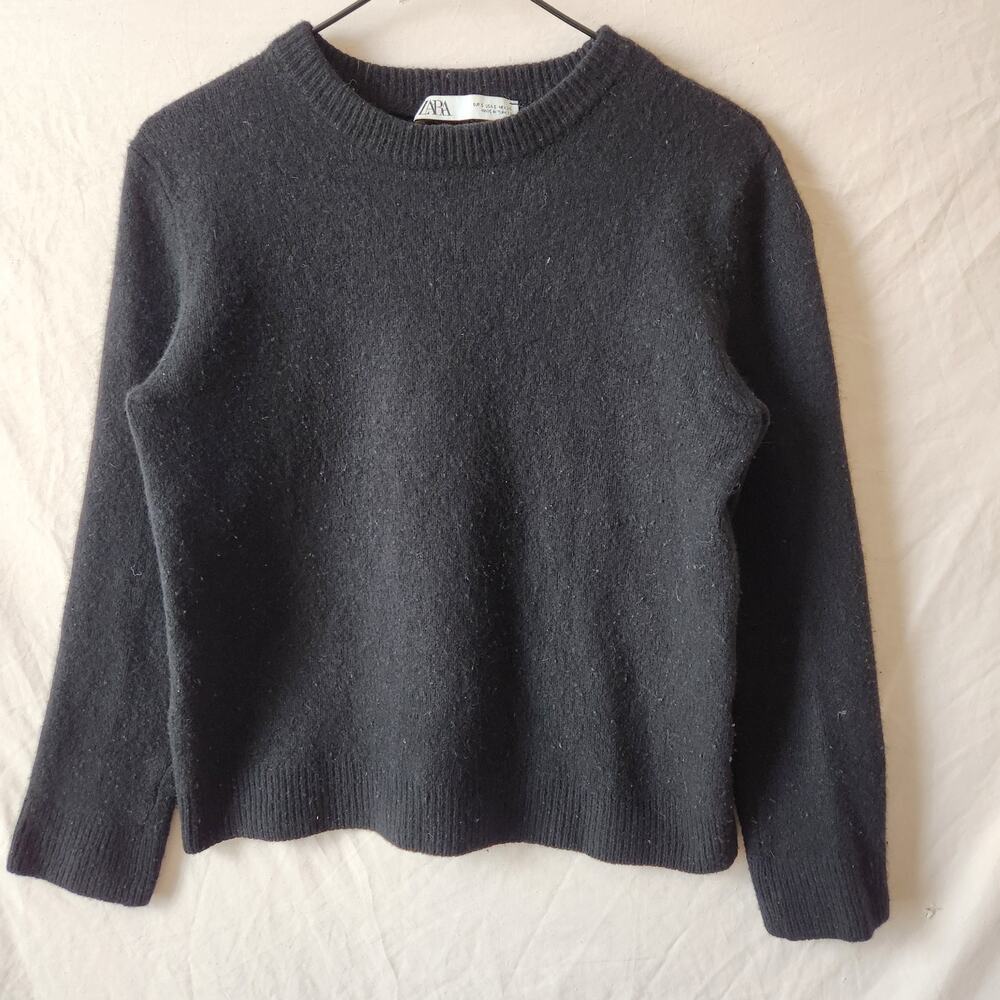 Zara Cashmere Wool Blend Black Sweater Womens Small Crewneck Classic Preppy Top